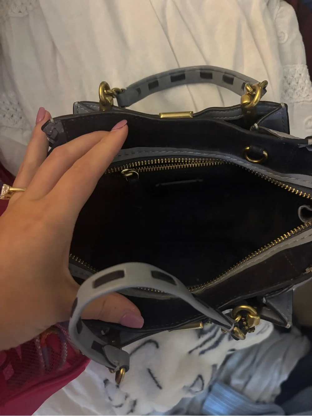 Coach Gray/Blue Leather Satchel with Gold Hardware